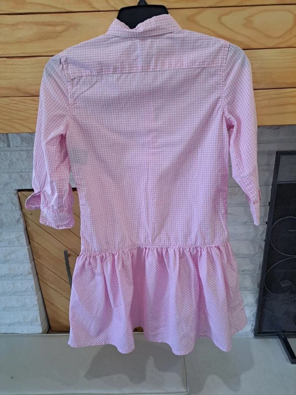 Ralph Lauren Girls Pink Gingham Button Dress 14 Cotton 3/4 Sleeves Green Logo